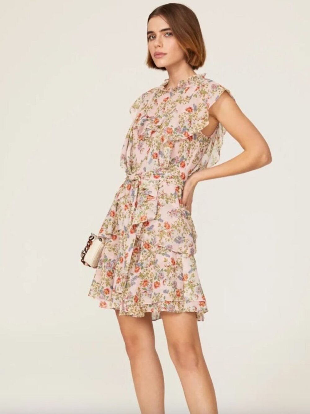 Marissa Webb Sully Tiered Belted Floral Georgette Ruffle Tie Dress Pink Multi